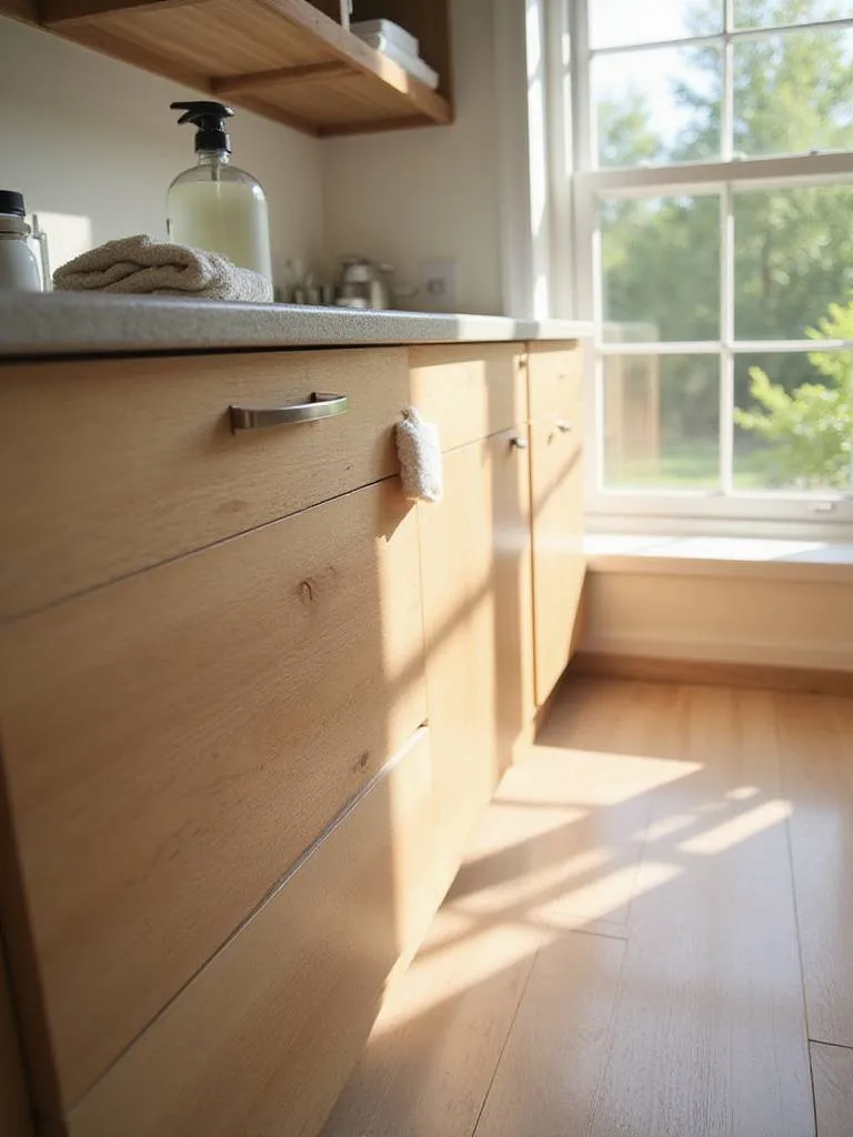 Close up of an organic wood kitchen cabinet door with a soft, natural finish, suggesting eco-friendly design and easy maintenance.