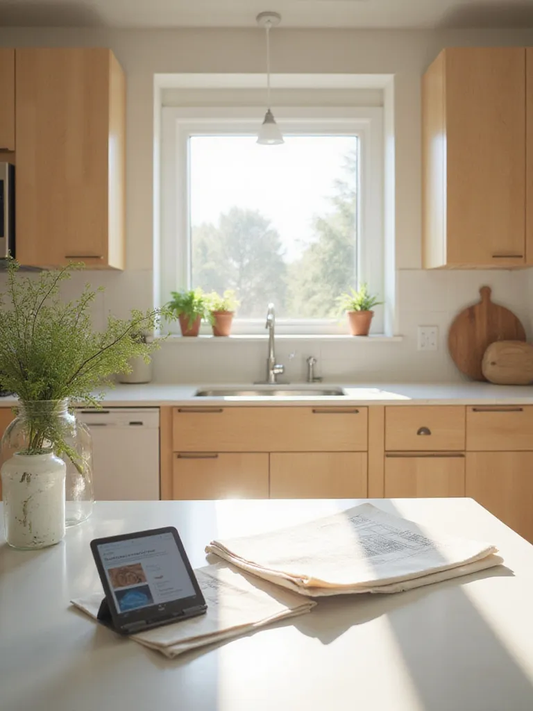 A modern kitchen with light wood organic cabinets, bathed in natural light, showcasing a countertop with architectural plans and material samples, symbolizing the process of making informed decisions for a healthier home.