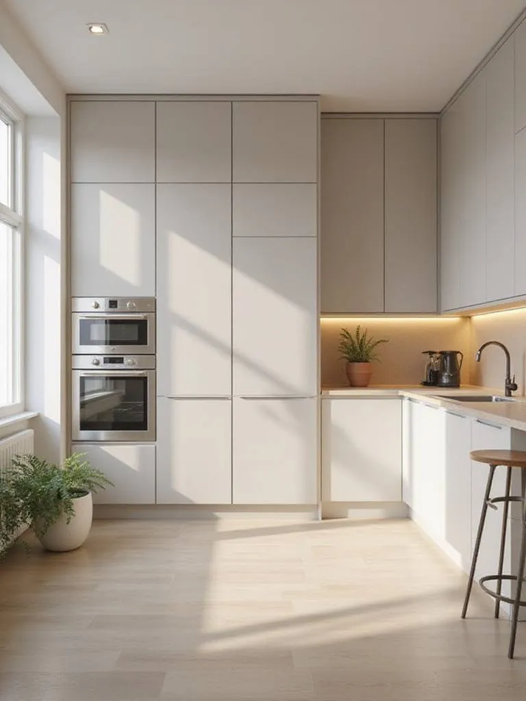 Modern single wall kitchen design with sleek cabinets, integrated appliances, and ample counter space, lit by ambient and under-cabinet lighting.