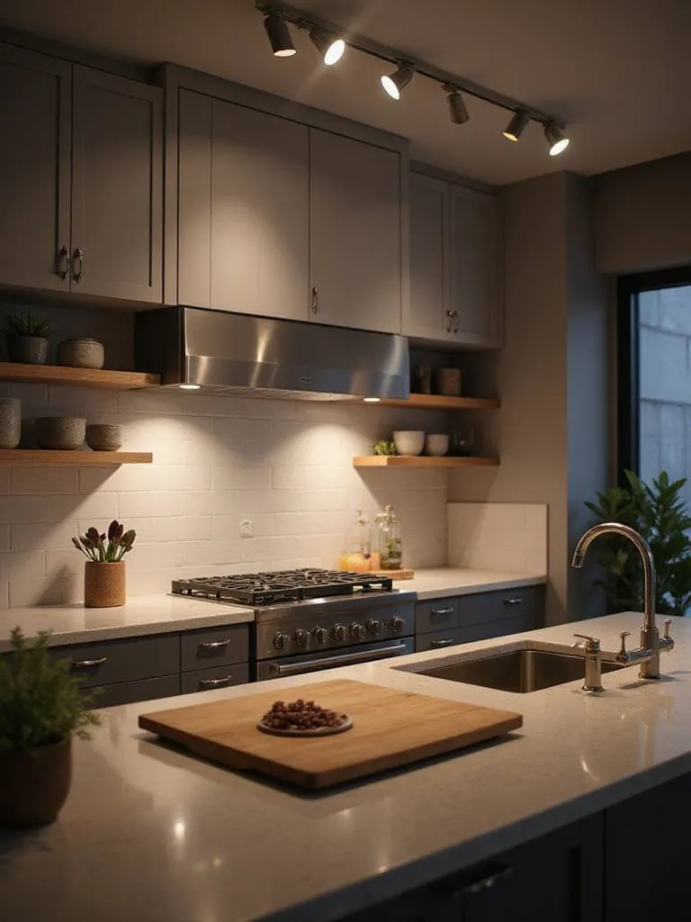 Modern kitchen with track lighting illuminating specific work areas