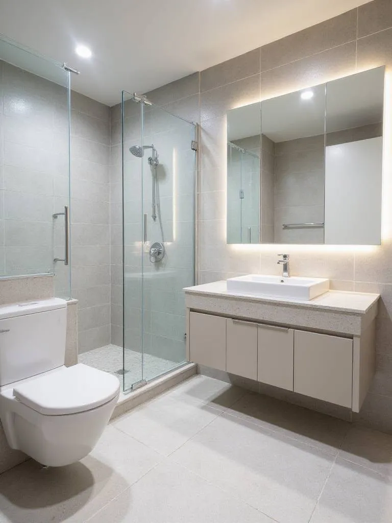 Modern small bathroom design featuring a floating vanity, wall-mounted toilet, and large mirror, using light colors and large tiles to create a sense of spaciousness.