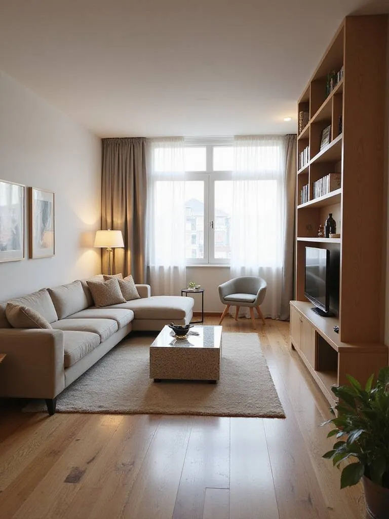 Efficient layout of a modern apartment living room with modular sofa, area rug defining the seating zone, multi-functional coffee table, and a reading nook in the corner. A tall bookshelf acts as a room divider.