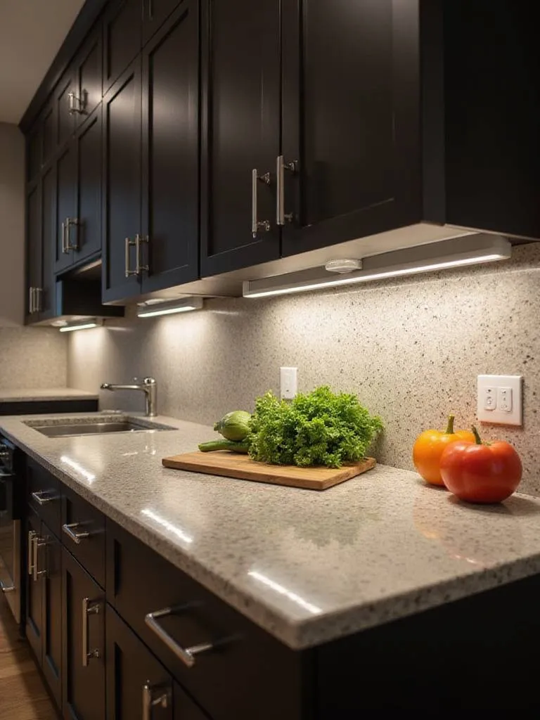 Focused task lighting illuminating a kitchen countertop with fresh vegetables, showcasing a clean and organized workspace.