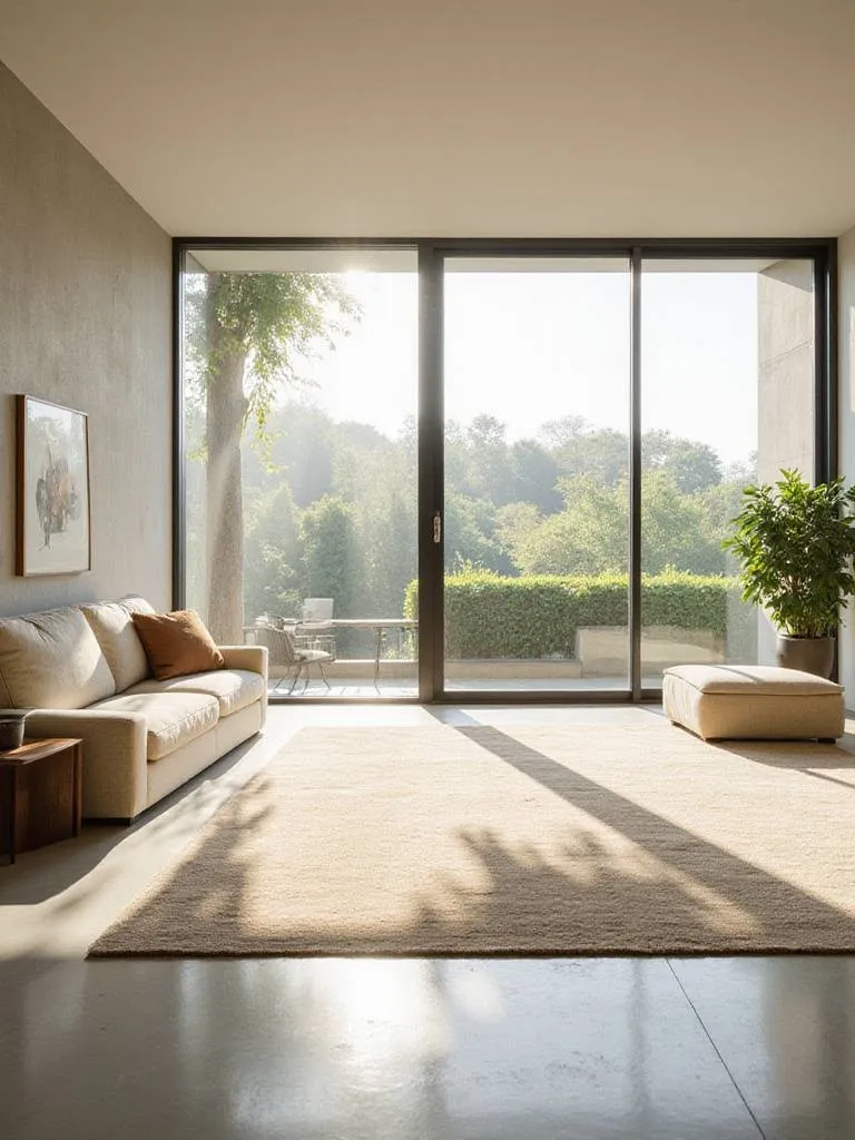 A bright modern living room featuring expansive floor-to-ceiling windows that flood the space with natural light.