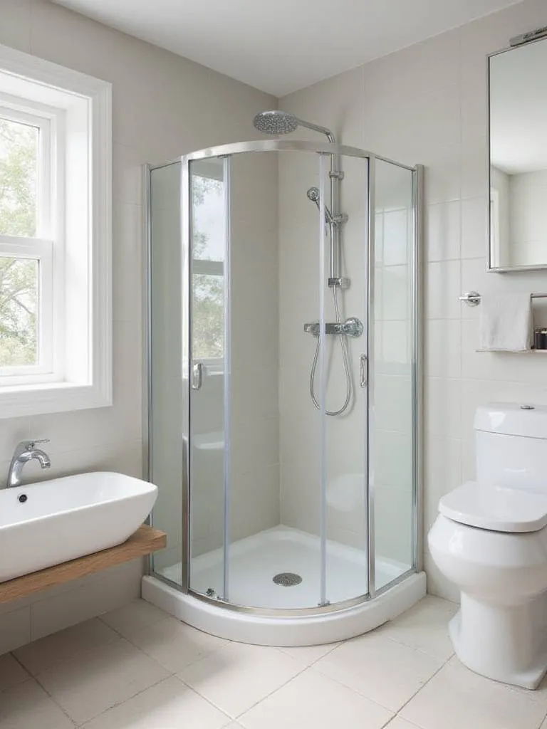 Small bathroom design featuring a space-saving corner shower unit
