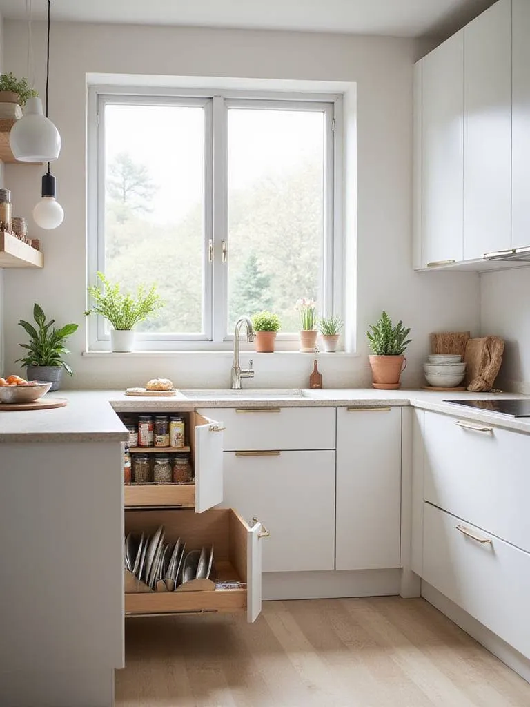 Contemporary kitchen design featuring hidden storage solutions like pull-out spice rack and toe-kick drawer.
