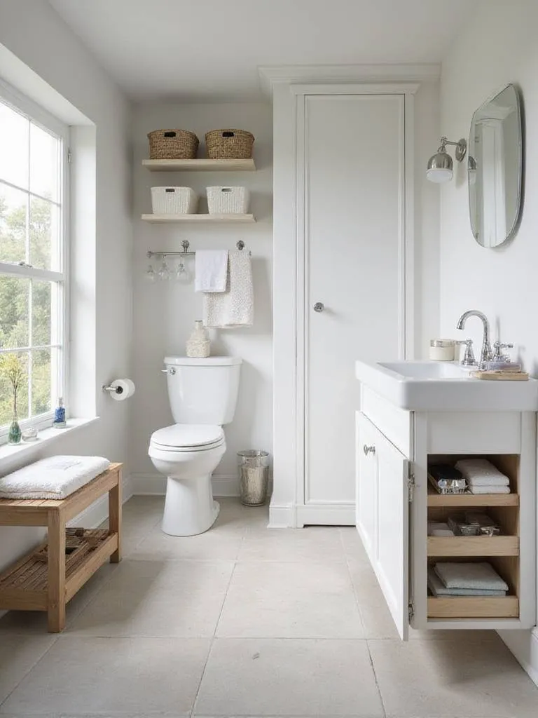A modern bathroom featuring smart storage solutions, including floating shelves with baskets, a tall storage cabinet, and under-sink organizers, creating a tidy and functional space.