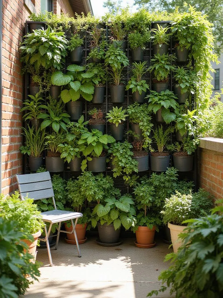 A vibrant green vertical garden on a small urban balcony wall, featuring various types of wall planters filled with lush plants, maximizing the limited outdoor space.