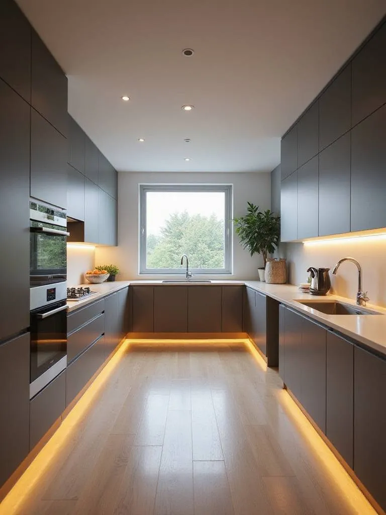A modern U-shaped kitchen layout featuring extensive counter space, sleek cabinetry, and <a href=