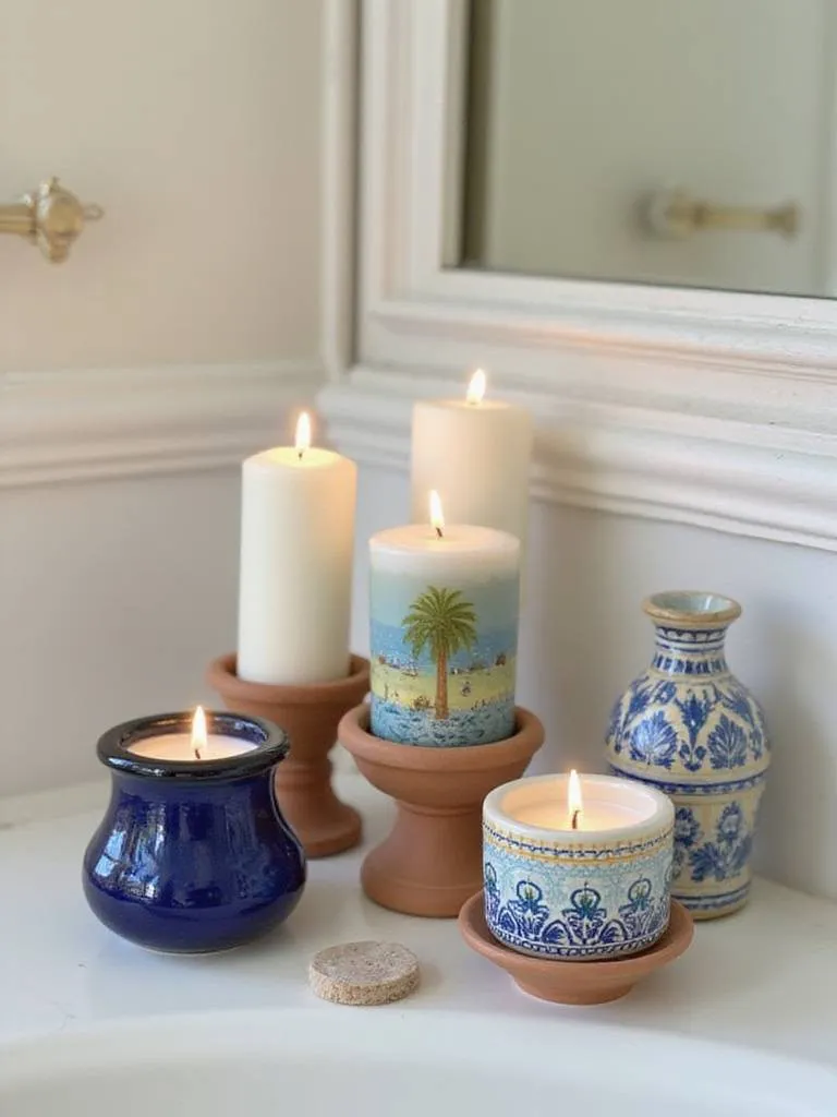 A group of Mediterranean-inspired candles in terra cotta, blue glass, or patterned ceramic vessels, arranged at varying heights in a bathroom.