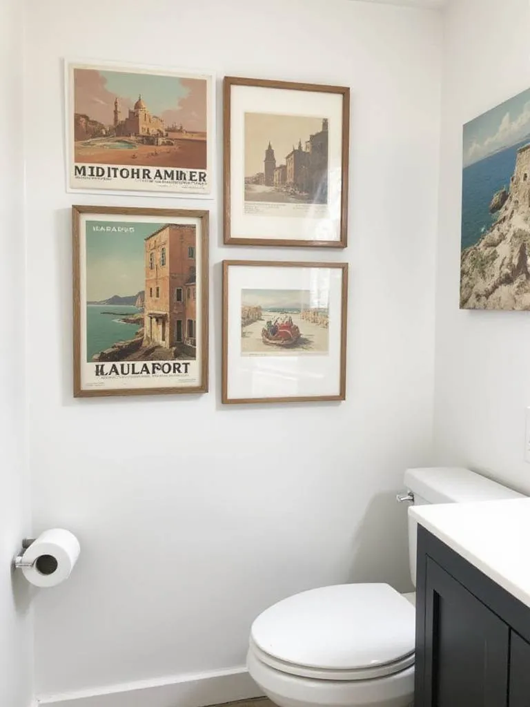 A collection of framed Mediterranean-inspired wall art, including travel posters, architectural sketches, and abstract coastal scenes, on a bathroom wall.
