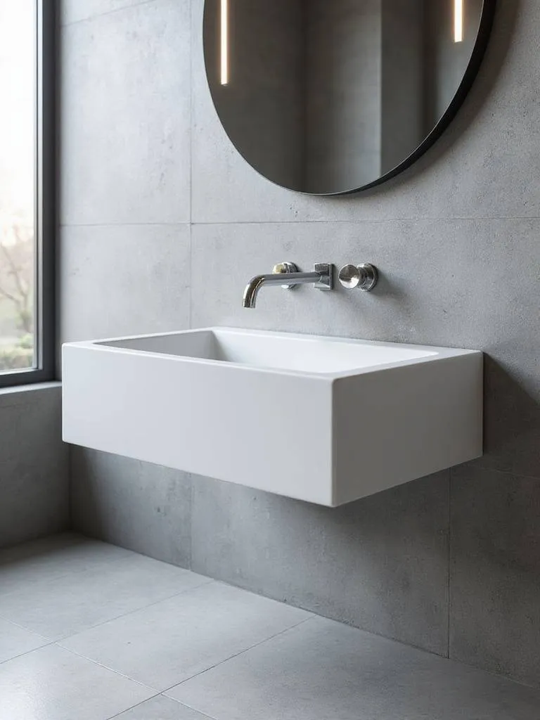 Minimalist bathroom featuring a floating wall sink with a sleek chrome faucet.