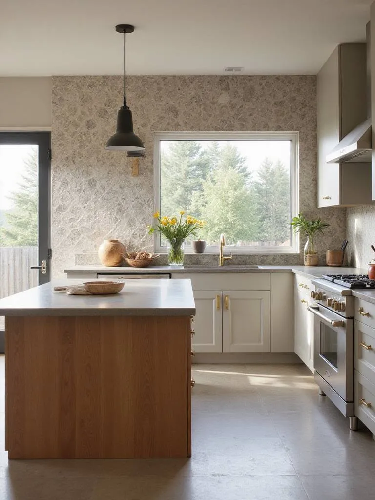 Contemporary kitchen design featuring mixed materials like concrete, wood, stainless steel, and textured tile.