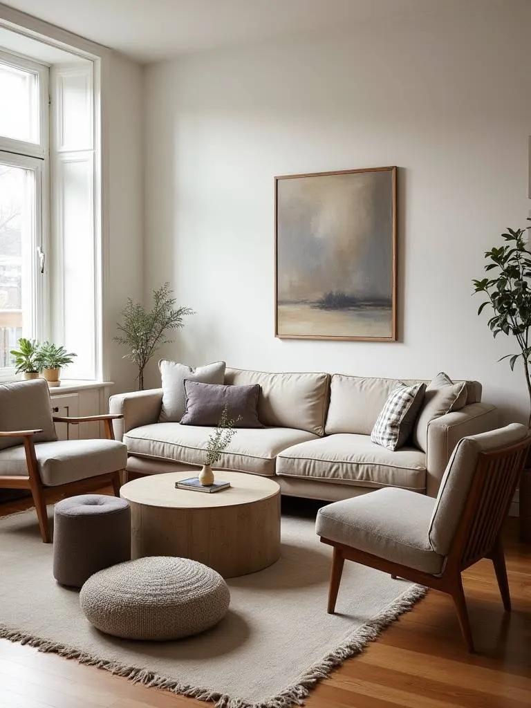 A stylish apartment living room featuring a mix of seating options, including a sofa, two different accent chairs, and an ottoman, arranged around a coffee table.