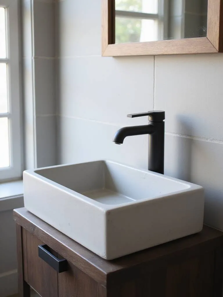 Modern bathroom with rectangular concrete vessel sink on dark wood vanity