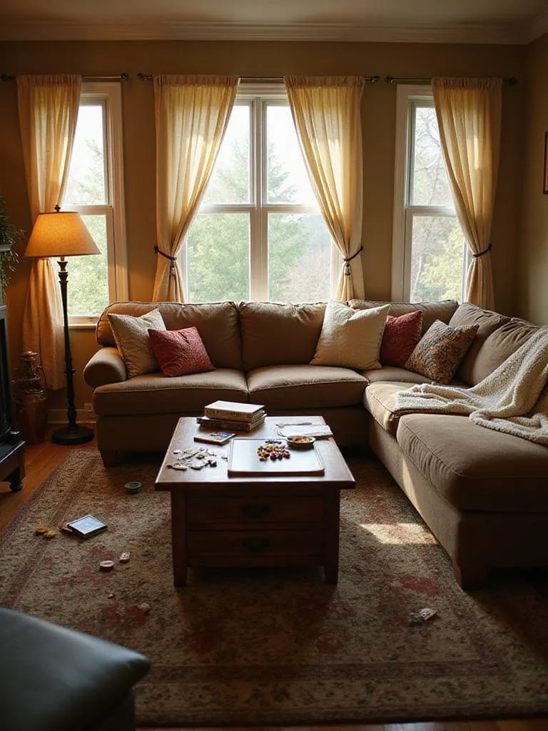 A wide shot of a cozy living room centered around a large, inviting couch covered in blankets and pillows, with a coffee table showing signs of recent family activities like board games and reading, illustrating the couch as a family hub.