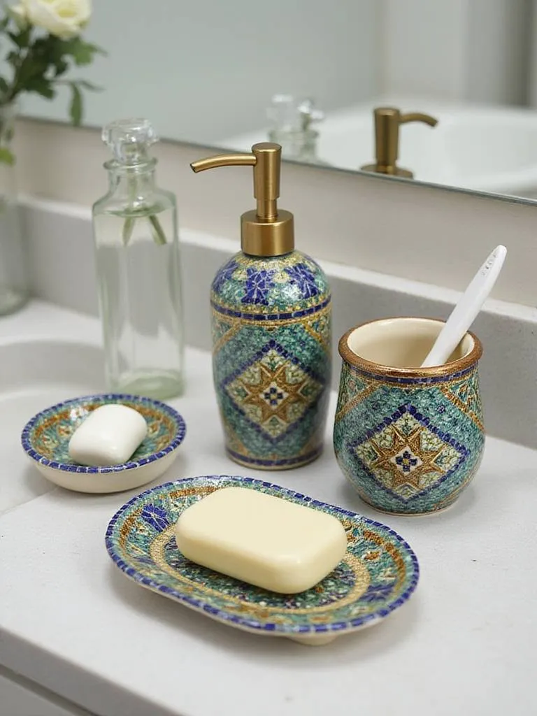 Small bathroom accessories like a soap dish, toothbrush holder, and tray, decorated with colorful Mediterranean mosaic patterns.