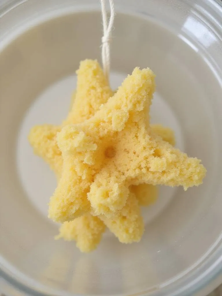 A natural sea sponge displayed in a glass container or hanging from a hook, showcasing its organic shape and texture.