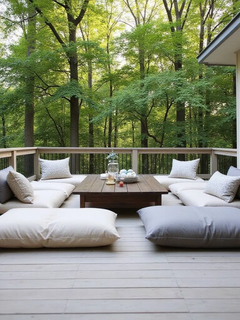 Deck with casual seating area featuring floor cushions in neutral colors.