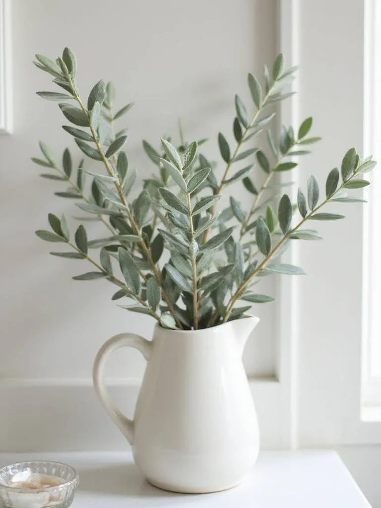 A simple arrangement of olive branches in a ceramic pitcher or glass bottle, adding a natural touch to the bathroom.