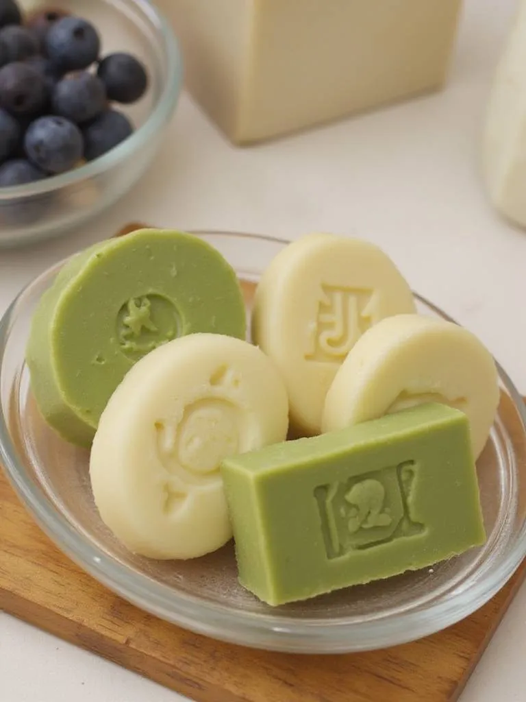 Traditional olive oil soaps displayed in a ceramic dish, glass container, or on a wooden tray, showing their natural colors and shapes.