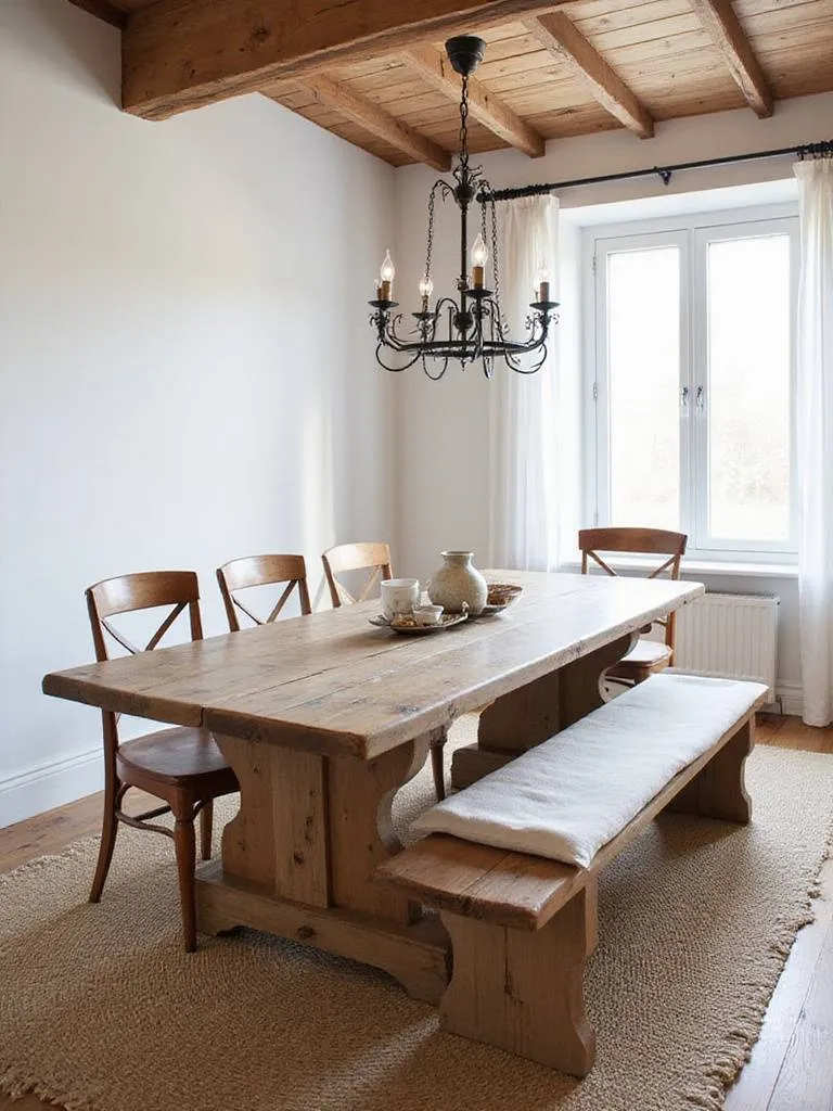 Rustic dining room featuring a reclaimed wood table and bench seating for casual family meals.