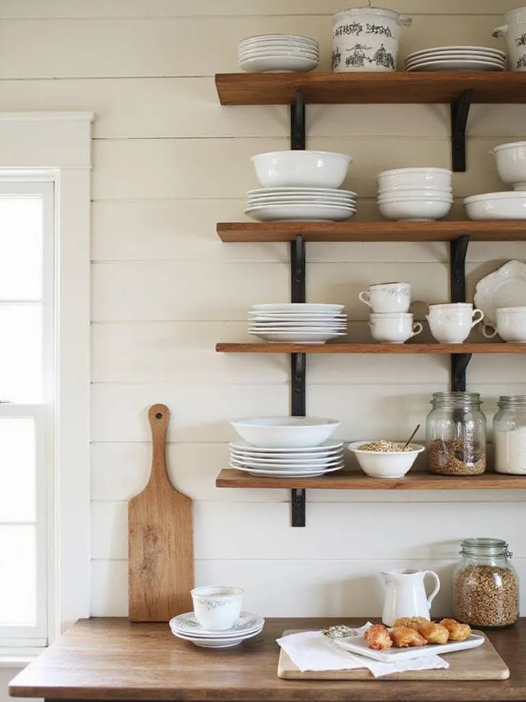 Open wooden shelves in a farmhouse kitchen displaying white ceramic dishware, vintage bowls, and glass jars.