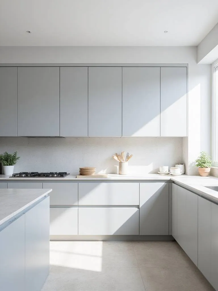 Modern kitchen with sleek, light gray handleless cabinets and white quartz countertops.