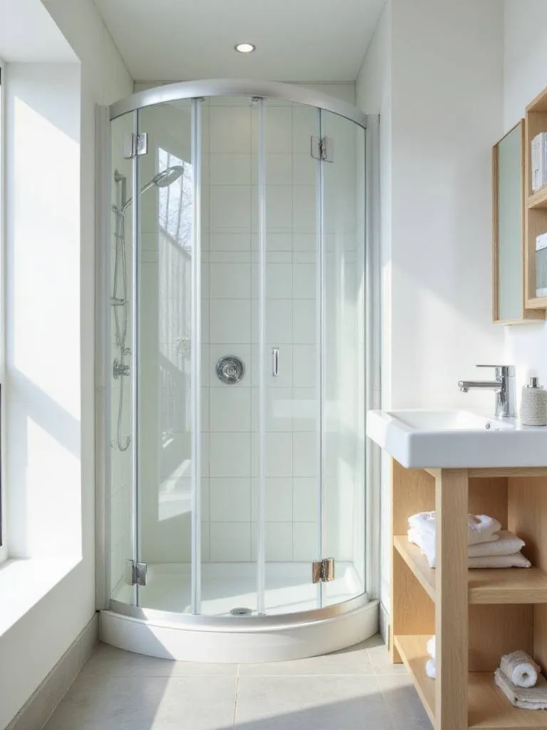 Small bathroom featuring space-saving corner shower and corner sink vanity