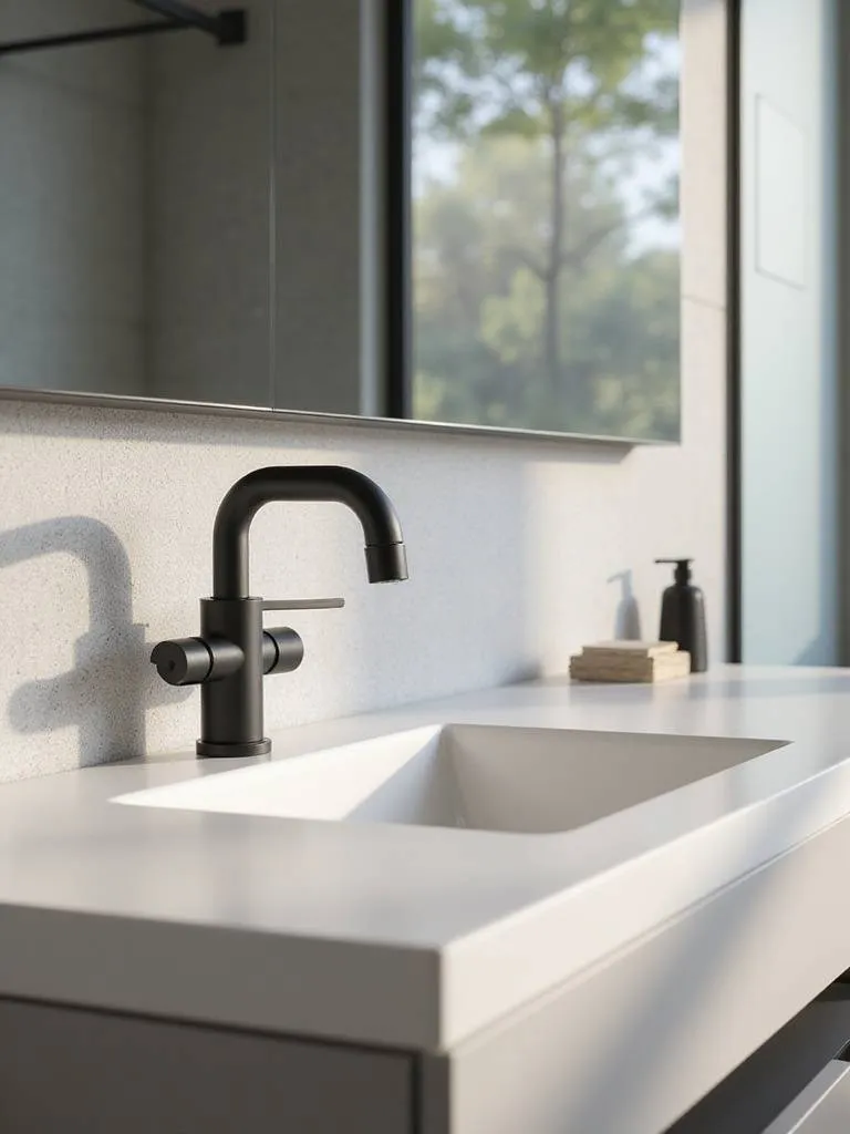 A modern bathroom vanity featuring a clean counter, integrated sink, and a stylish wall-mounted matte black faucet. The background shows a textured tile wall and mirror, illuminated by soft natural light.