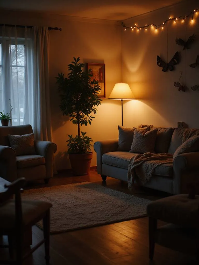 Interior of a cozy living room illuminated by multiple warm-toned lamps and ambient light sources, highlighting soft furniture and creating a relaxing evening atmosphere.