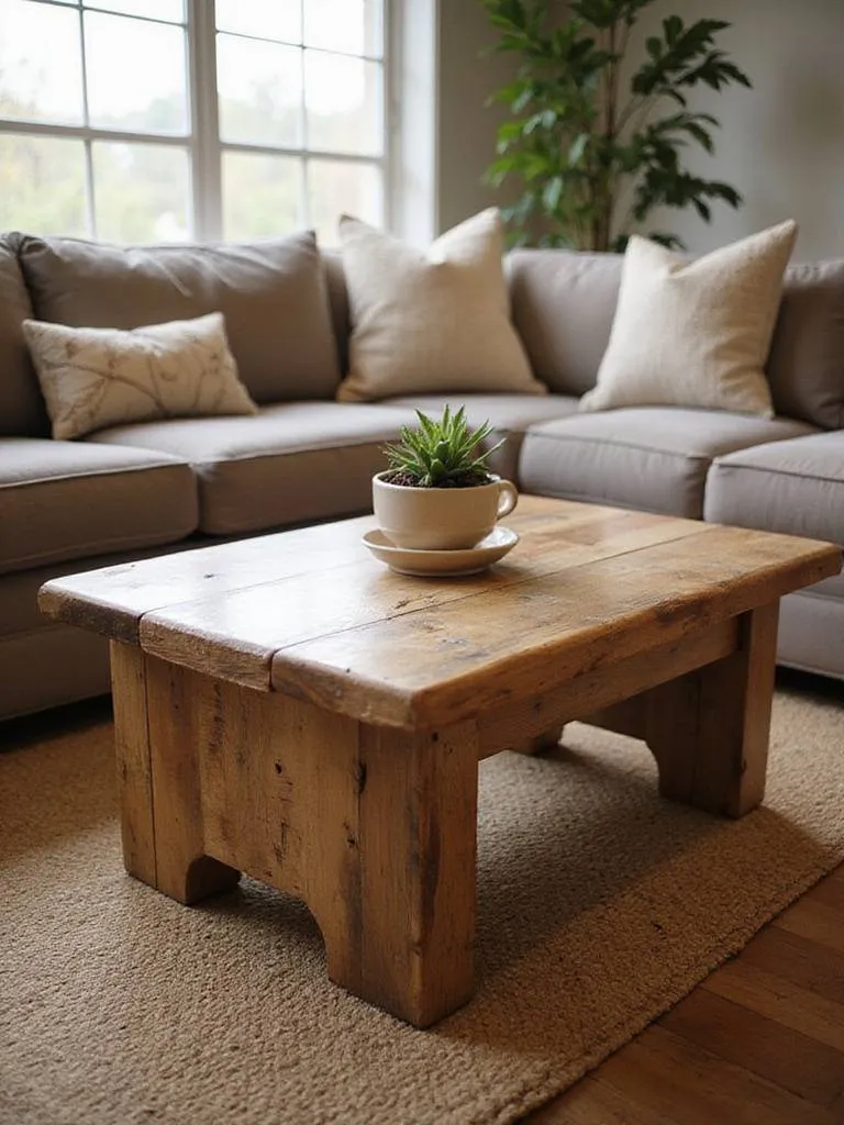 A reclaimed wood coffee table in a rustic living room setup, showcasing its texture and charm.
