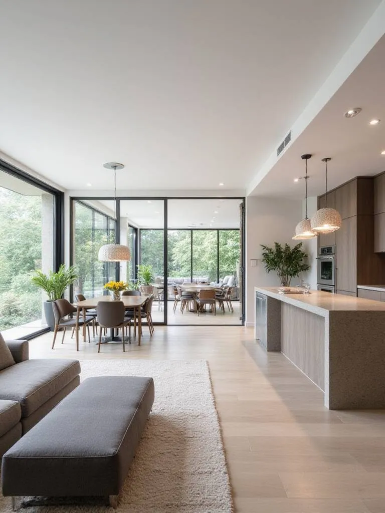 Modern open concept living room flowing into dining area and kitchen, showcasing a spacious and bright interior layout with modern furniture and natural light.