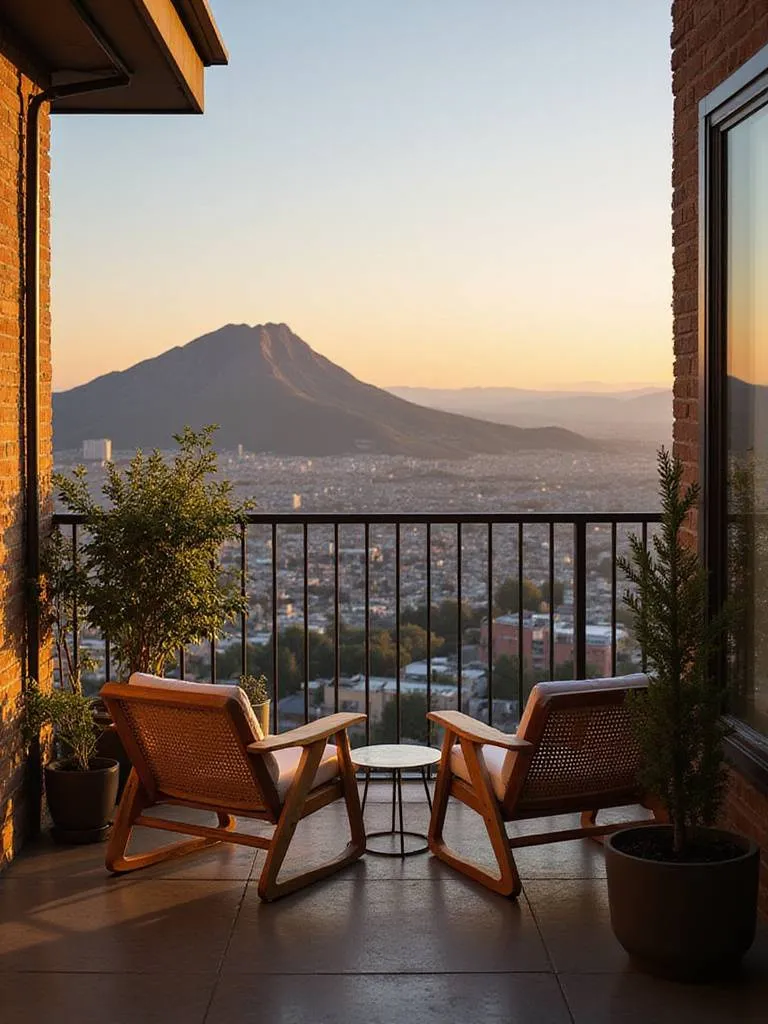 Small balcony optimized for a stunning mountain and city view at sunset, featuring low modern furniture positioned towards the scenery.