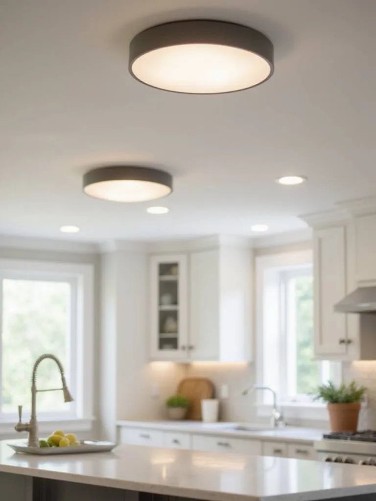 Modern kitchen with flush mount and semi-flush lighting fixtures for low ceilings