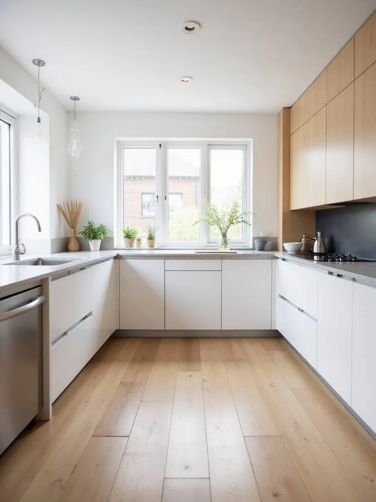 A modern, optimized L-shaped kitchen layout featuring white and wood cabinets, quartz countertops, and a functional island in an open-plan space.