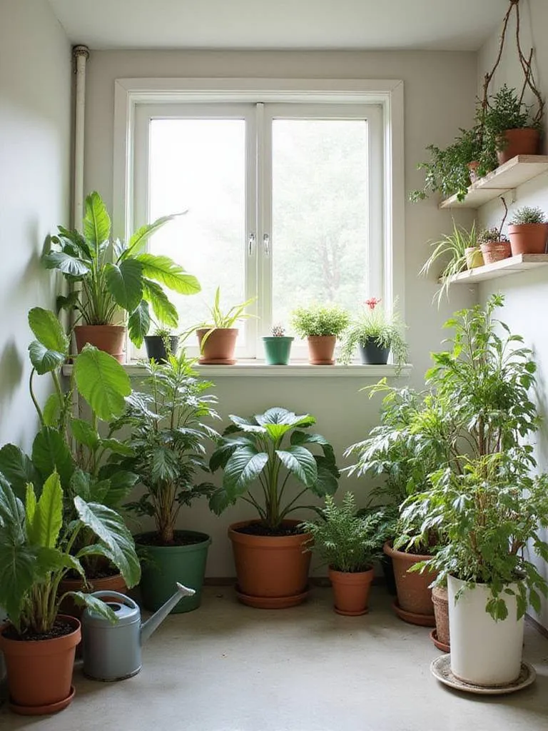 Container plants overwintering indoors in a sunroom or garage corner.