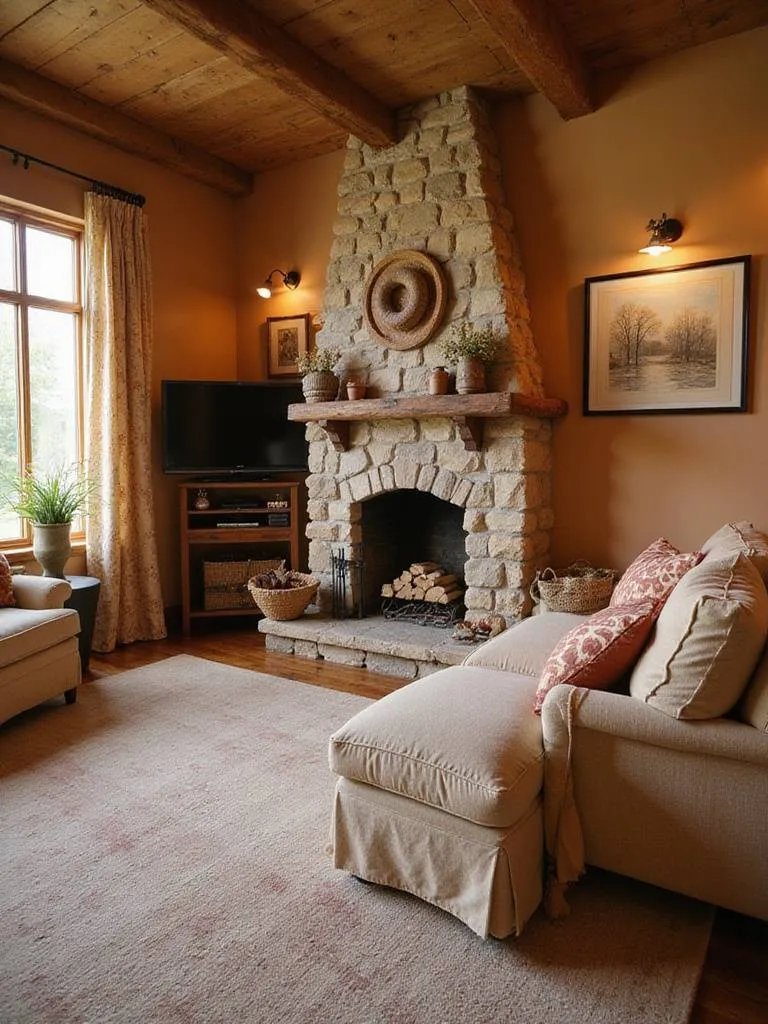 A cozy rustic living room featuring warm earth tone walls and rustic decor.