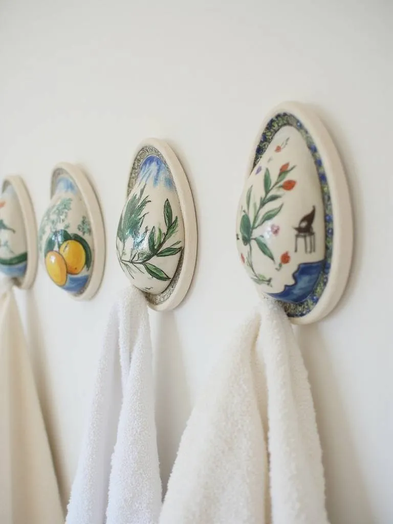 Painted ceramic hooks with Mediterranean motifs like Moorish patterns or olive branches, adding an artistic and functional touch to a bathroom wall.