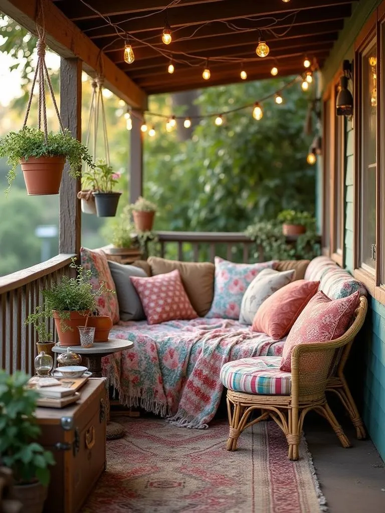 Bohemian back porch decor with vintage trunk and macrame plant hangers.