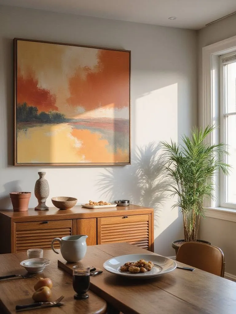 Modern dining room featuring abstract wall art above a sleek sideboard