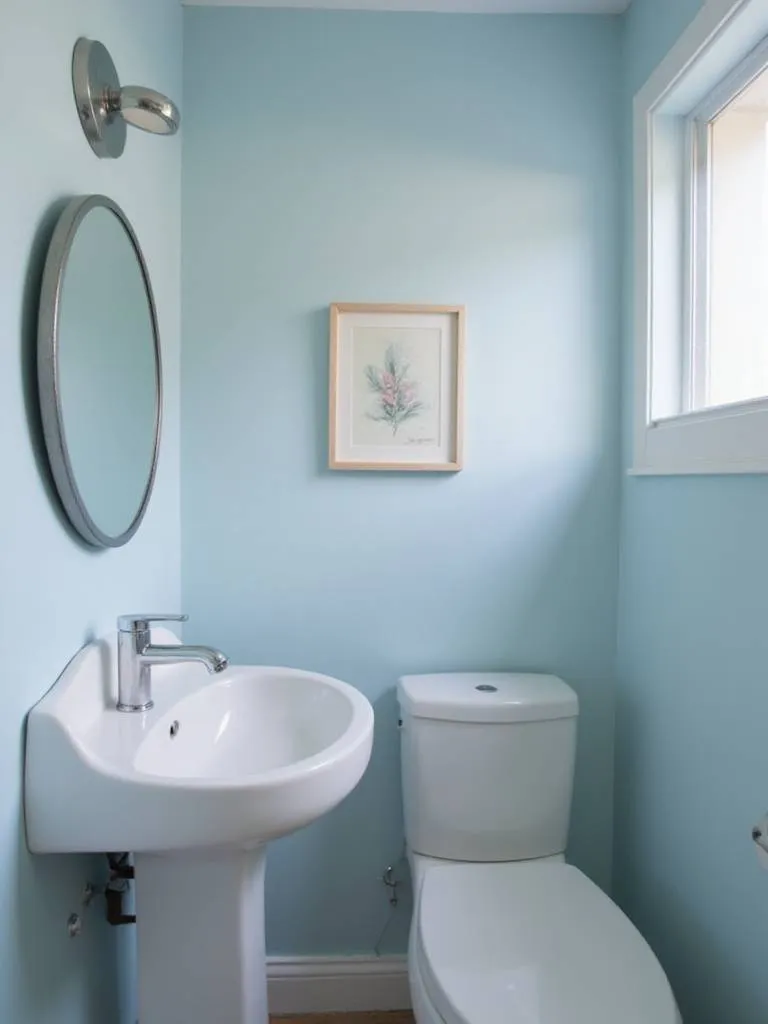Small powder room with corner sink and blue wall.