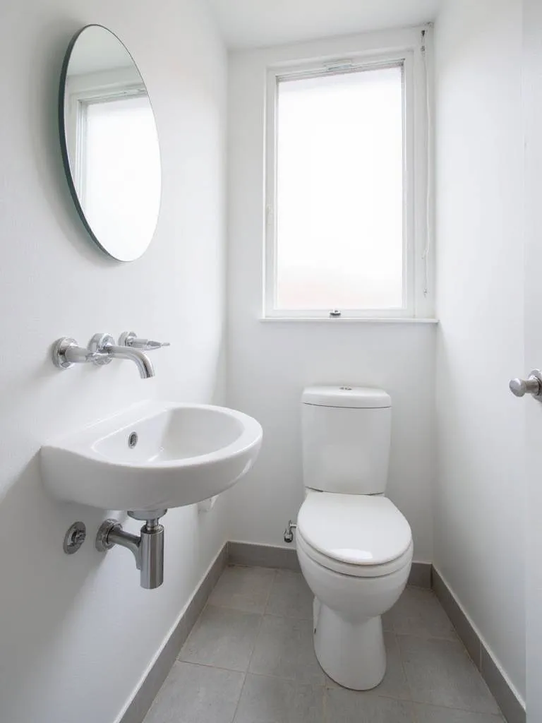 Small bathroom featuring a wall-mounted sink and corner toilet to maximize space.