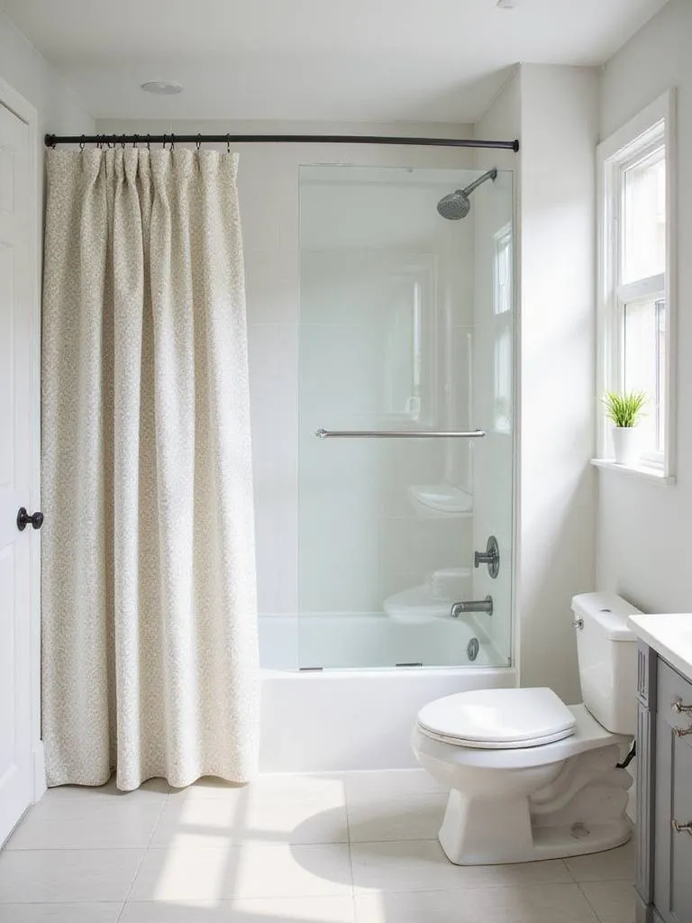 Modern bathroom with a walk-in shower featuring a frameless glass door or a stylish patterned fabric shower curtain. Light tile walls and floor create a clean, spacious feel.