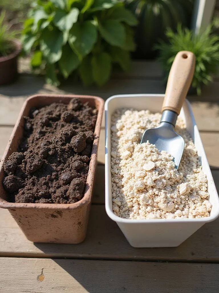 A visual comparison showing a container filled with dense garden soil next to a container filled with airy potting mix, highlighting the difference in texture and composition for container gardening.