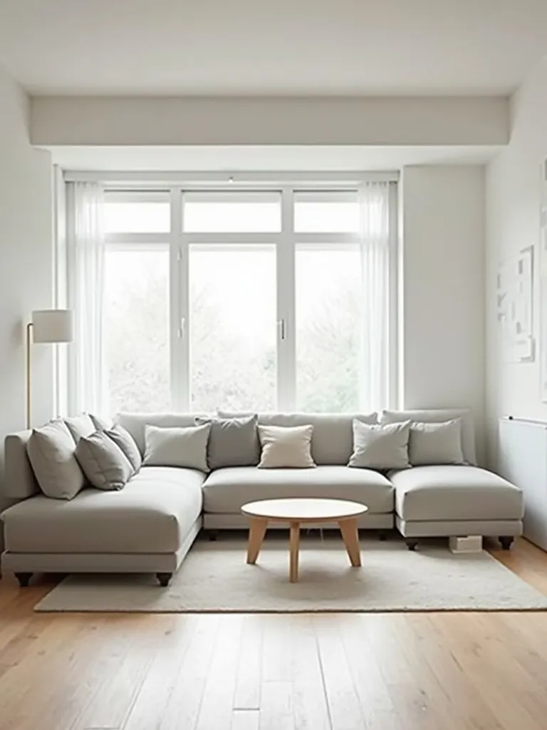 A light grey sectional sofa perfectly sized for a modern, minimalist living room, illustrating how a couch's dimensions fit within a living space.