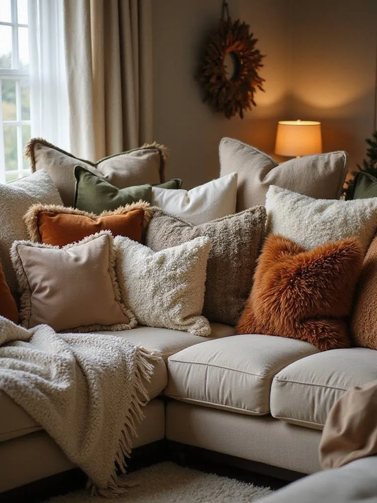 A cozy living room sofa piled high with a variety of soft, decorative pillows in different sizes, shapes, and warm textures like velvet and faux fur.