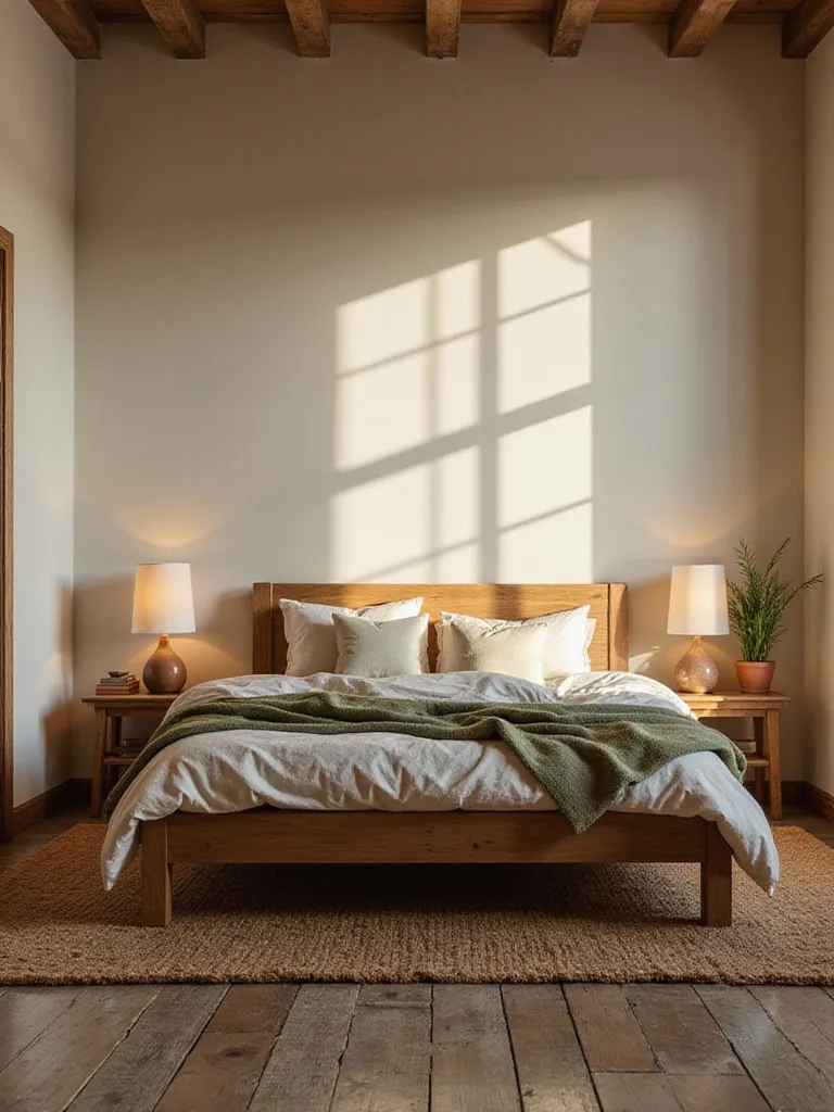 Rustic bedroom featuring an earthy color palette with greige walls, wood furniture, and bedding in shades of cream, beige, brown, and moss green.