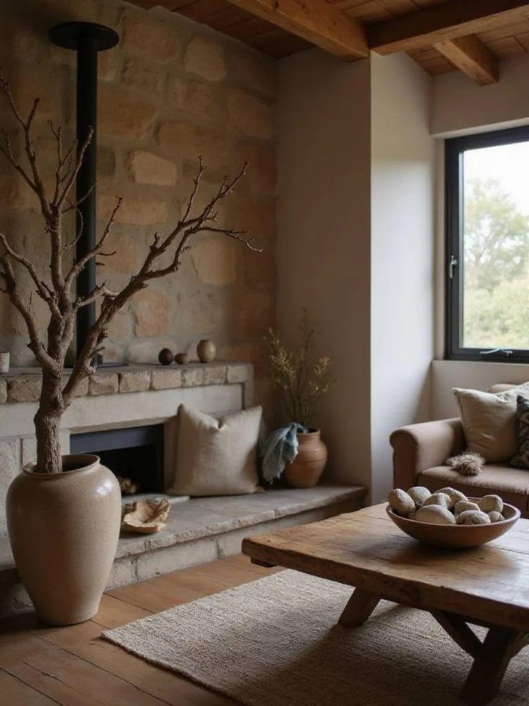 Cozy rustic living room with branches and stones decor