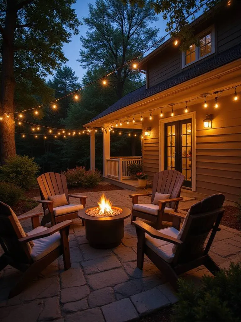 Back porch with portable fire pit and Adirondack chairs
